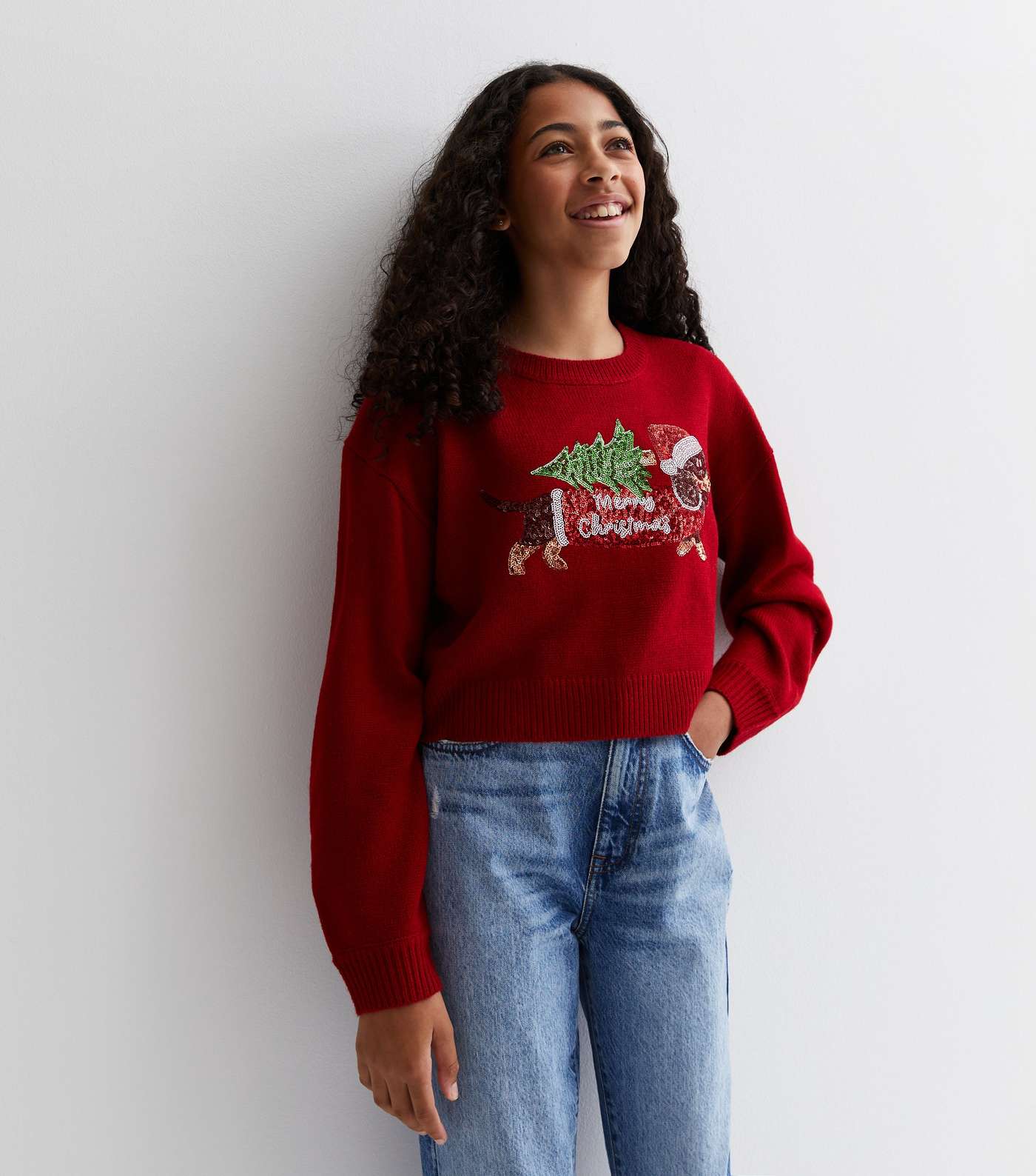 Girls Red Sequin Knit Dog Christmas Jumper Image 2