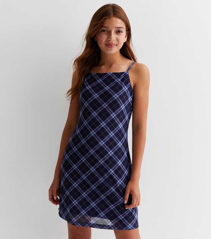 Girls Blue Check Mesh Square Neck Strappy Pinafore Mini Dress | New Look Girls Blue Check Mesh Square Neck Strappy Pinafore Mini Dress | New Look