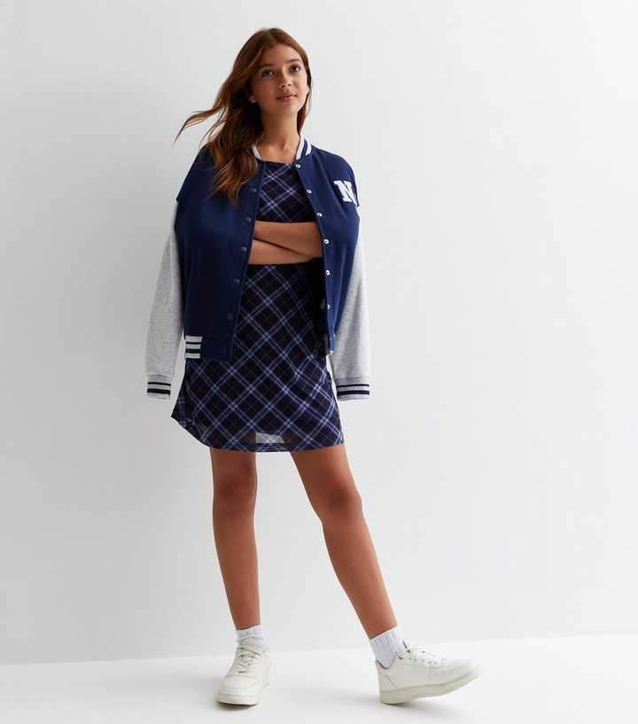 Girls Blue Check Mesh Square Neck Strappy Pinafore Mini Dress | New Look