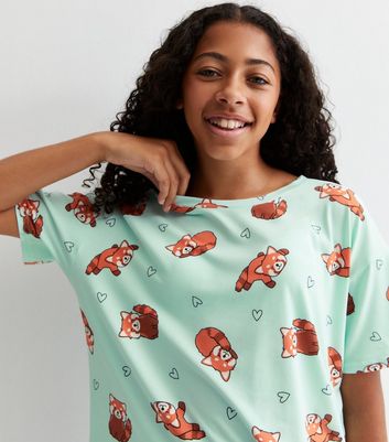 Girls Green Soft Touch Short Pyjama Set with Red Panda Print New Look