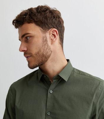 Men's Khaki Poplin Long Sleeve Regular Fit Shirt New Look