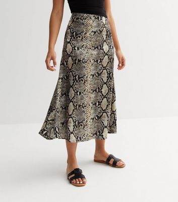 Petite Brown Snake Print Satin Midi Skirt New Look