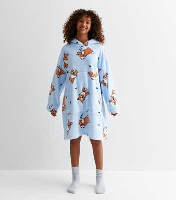Girls Blue Corgi Fleece Oversized Blanket Hoodie