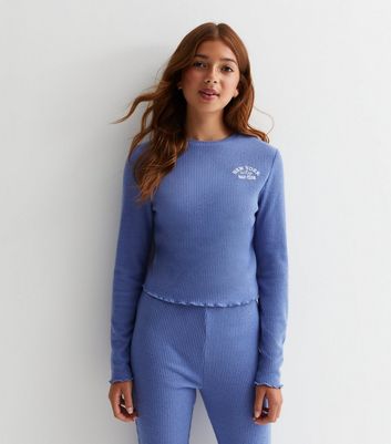 Girls Blue Ribbed Jersey Trouser Pyjama Set with New York Logo