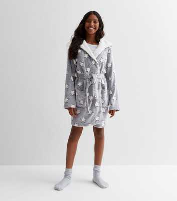 Girls Light Grey Star Print Hooded Dressing Gown