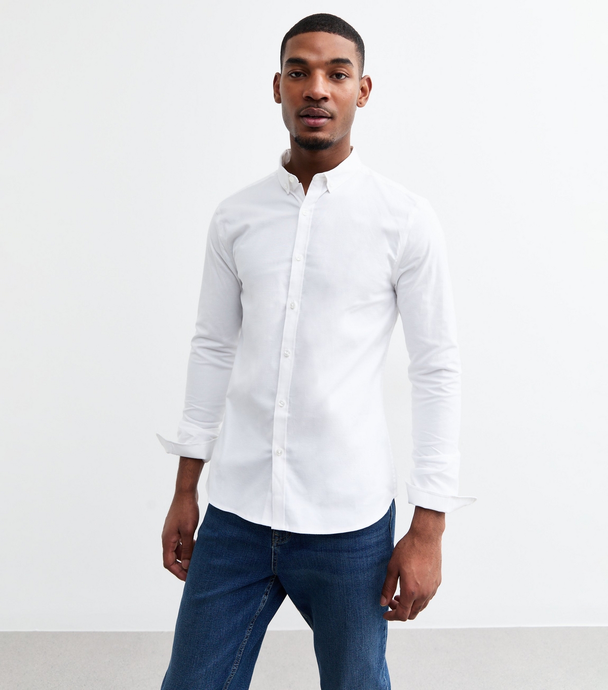 Men's White Long Sleeve Muscle Fit Oxford Shirt New Look
