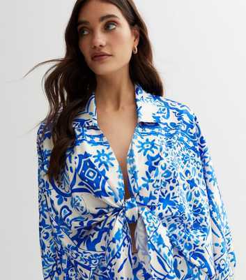 Blue Tile Print Tie Front Shirt