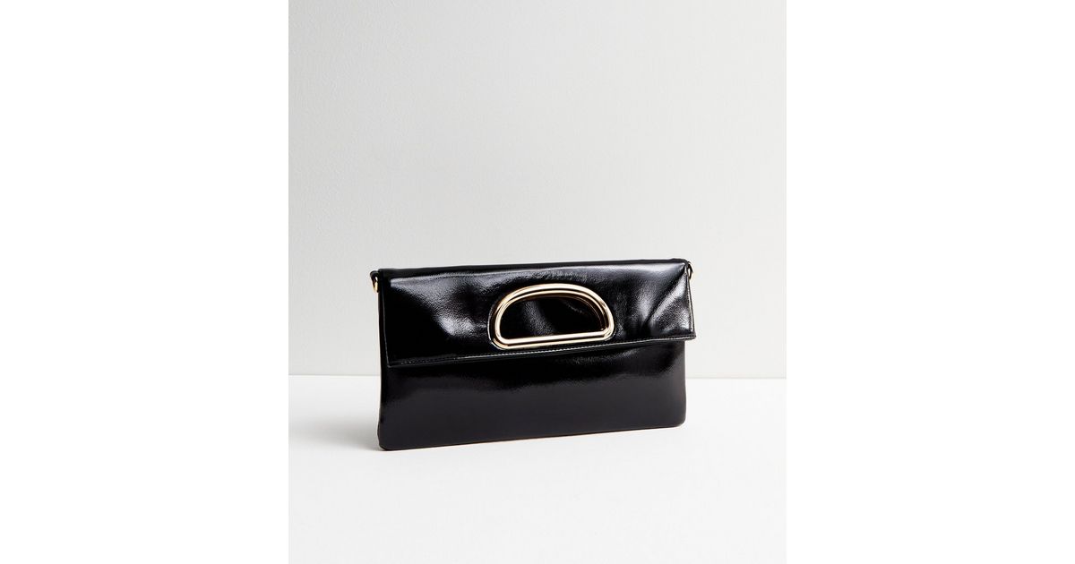 Black Foldover Patent Clutch Bag | New Look