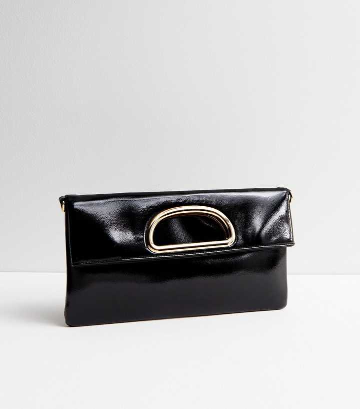 Perforated Leather Foldover Clutch Black