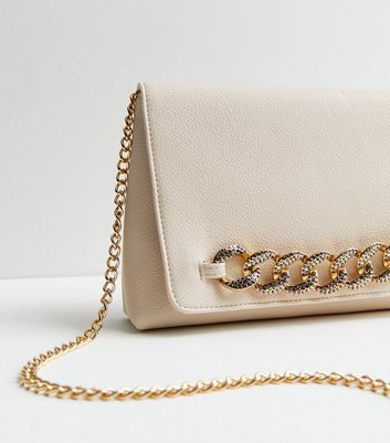 Cream Chain Trim Grab Clutch Bag New Look