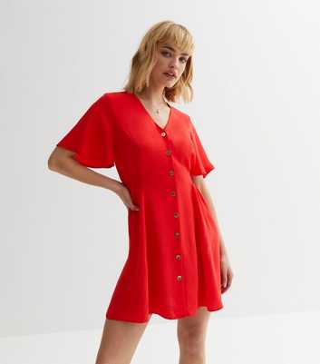 Red Button Front Mini Dress