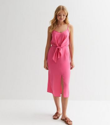 Bright Pink Tie Front Strappy Midi Dress New Look