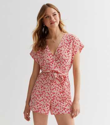 Red Floral Belted Playsuit