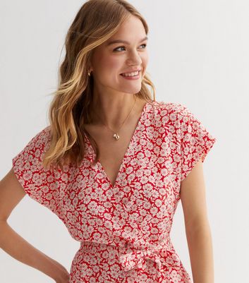 Red Floral Belted Playsuit New Look