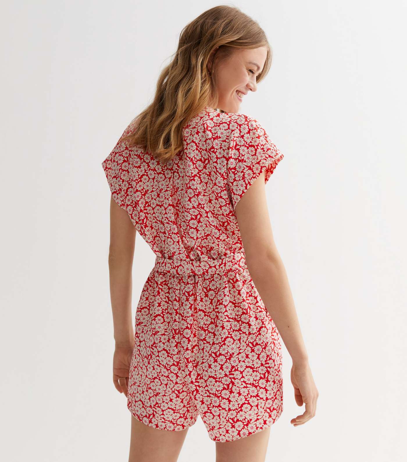Red Floral Belted Playsuit Image 4
