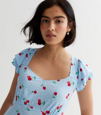 Blue Cherry Print Midaxi Dress