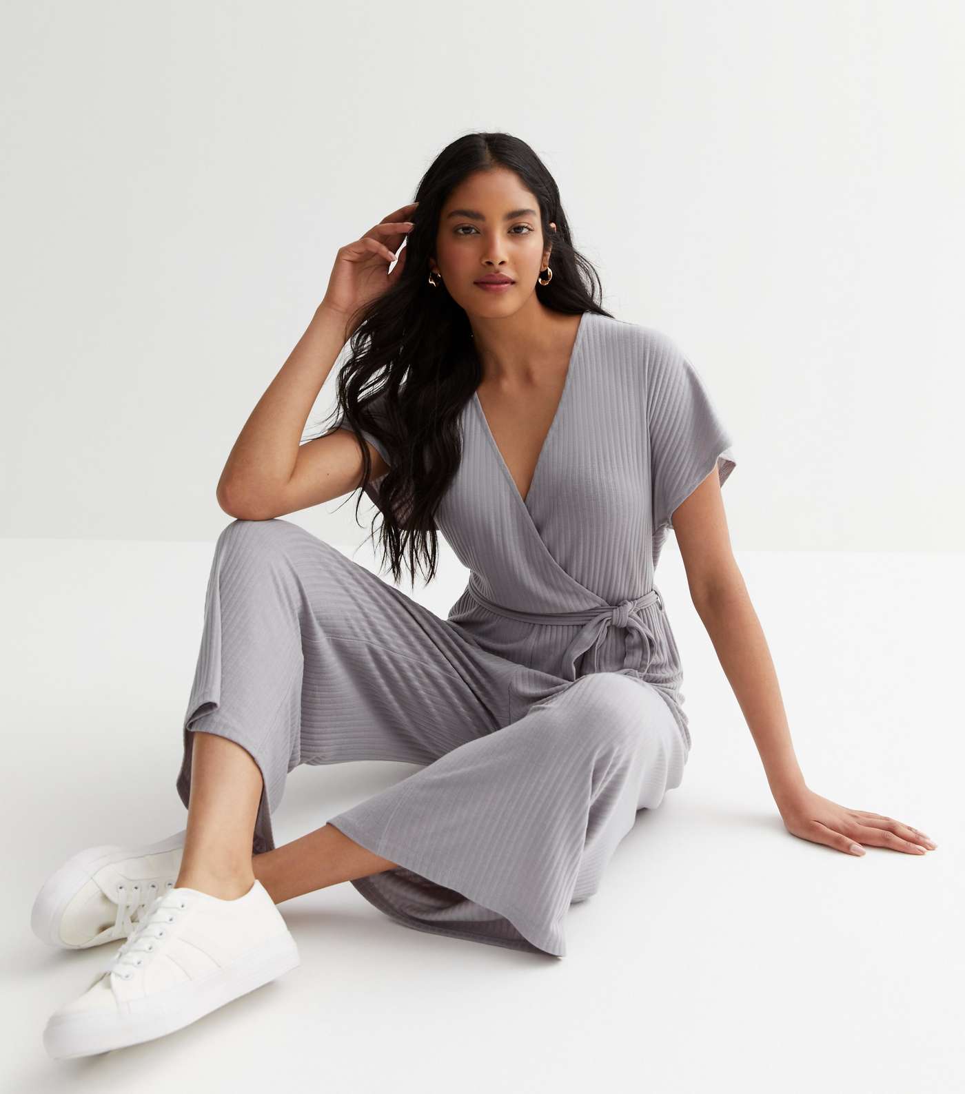 Grey Ribbed Wrap Jumpsuit Image 2