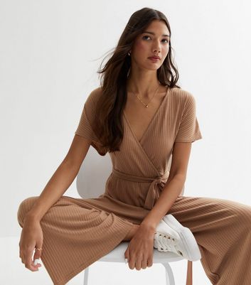 Tan Ribbed Wrap Jumpsuit | New Look