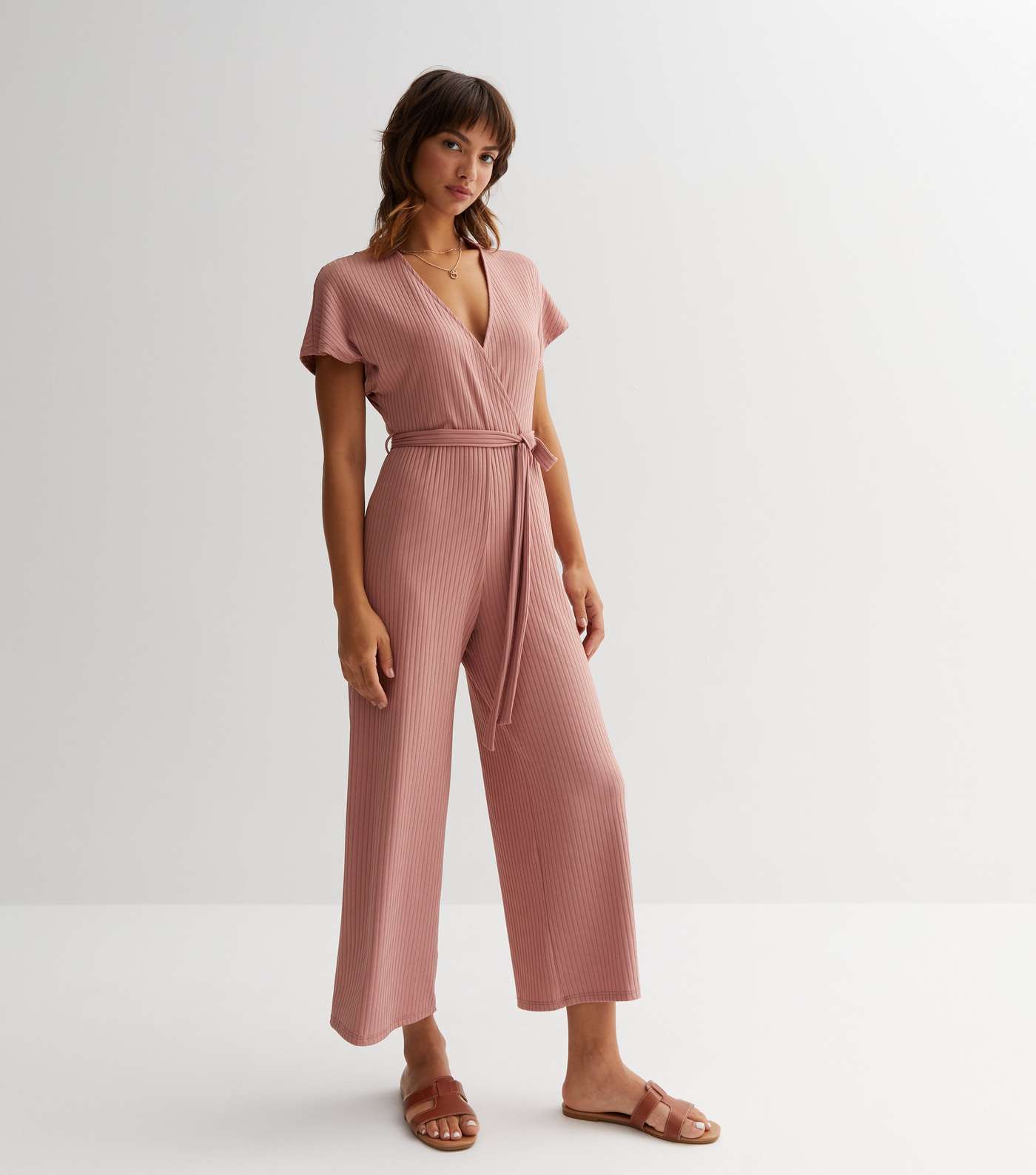 Pink Ribbed Wrap Jumpsuit