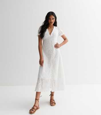 Cameo Rose White Broderie Button Front Midi Dress