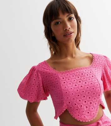Cameo Rose Pink Broderie Puff Sleeve Crop Top