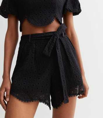 Cameo Rose Black Broderie High Waist Belted Shorts