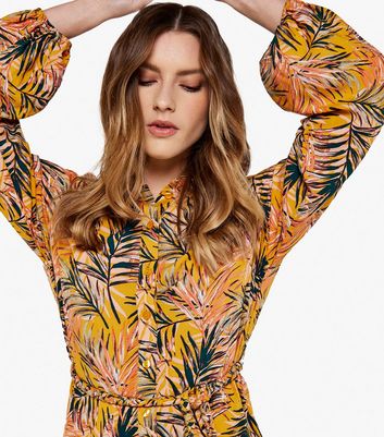 Apricot Yellow Tropical Print Belted Mini Shirt Dress New Look