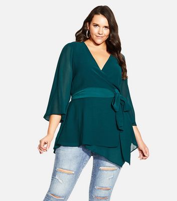 City Chic Curves Green Tie Front Top New Look