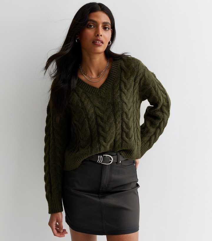 Khaki Cable Knit V Neck Jumper