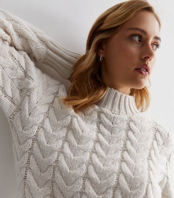 Off White Cable Knit High Neck Jumper New Look
