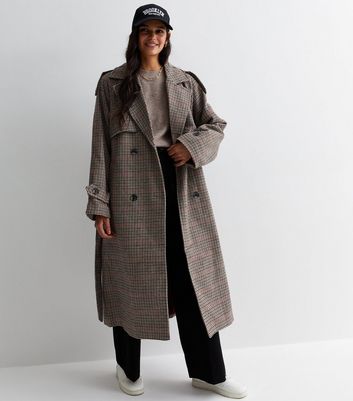 ONLY Brown Dogtooth Belted Trench Coat New Look
