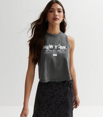 Dark Grey Acid Wash New York Logo Vest New Look