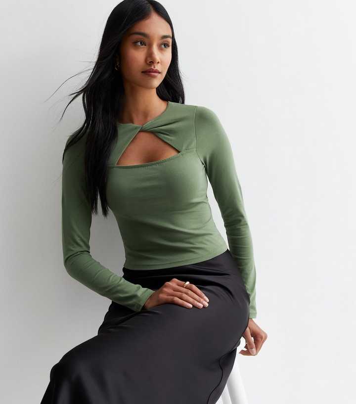 Khaki Twist Front Cut Out Long Sleeve Top