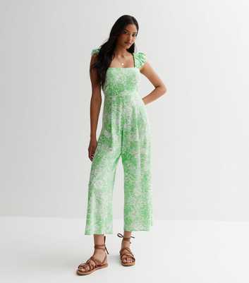 Green Floral Frill Tie Back Jumpsuit