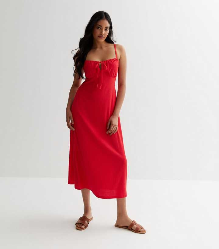 fitted lace wedding dress Red Linen Blend Bustier Maxi Dress - All Dresses