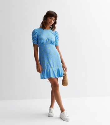 Blue Lemon Print Frill Hem Mini Dress