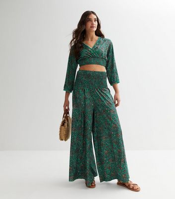 Cameo Rose Green Paisley Wide Leg Trousers New Look