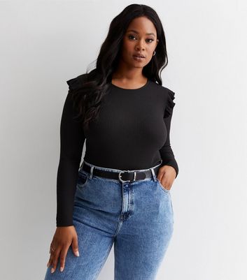 Curves Black Jersey Frill Shoulder Top | New Look