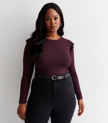 Curves Burgundy Jersey Frill Shoulder Top New Look