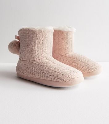 Pink Knit Slipper Boots New Look