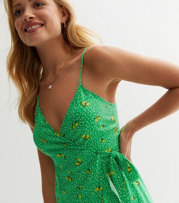 Green Lemon Spot Strappy Wrap Mini Dress New Look