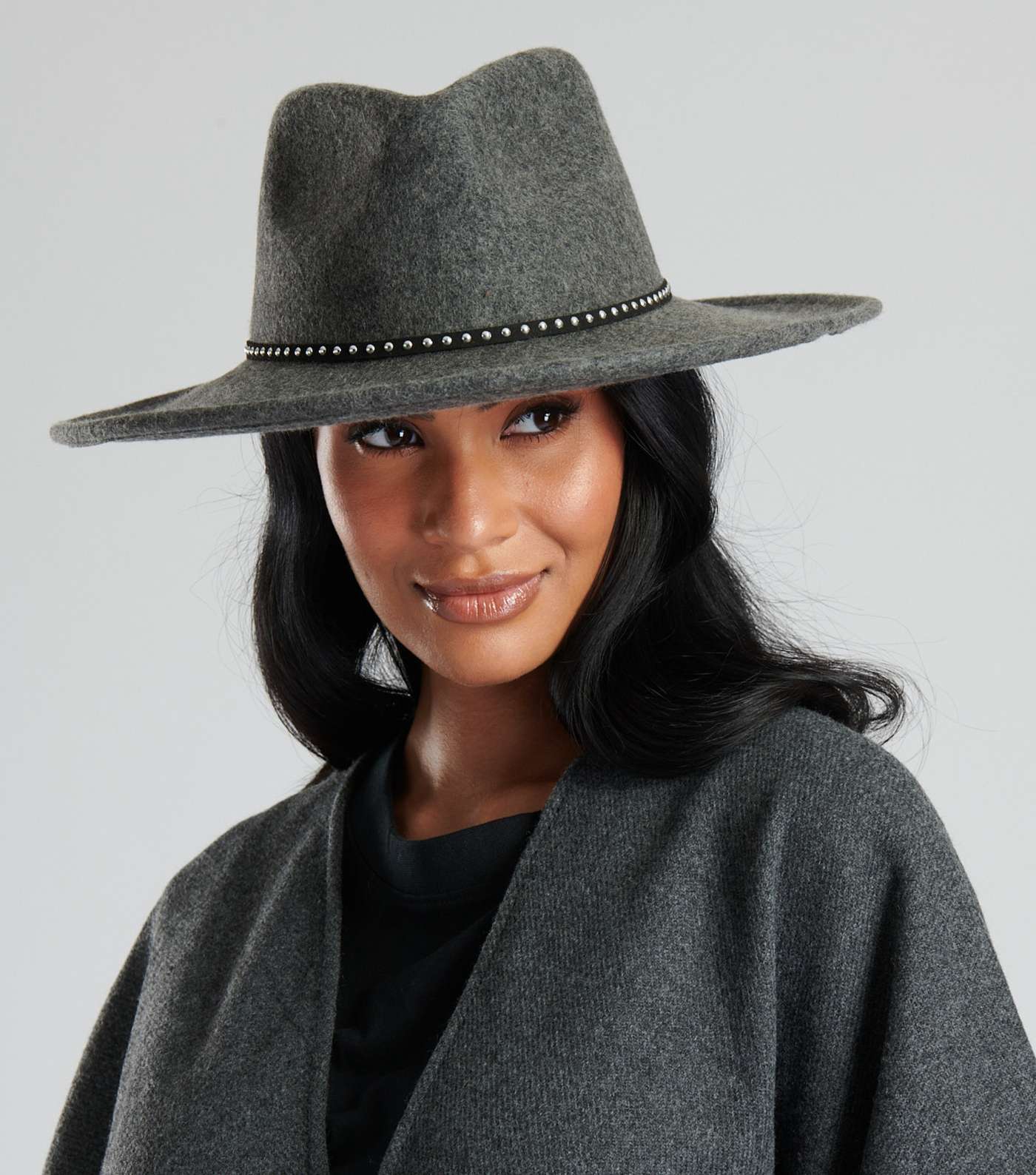 South Beach Grey Wool Stud Trim Fedora Hat Image 2