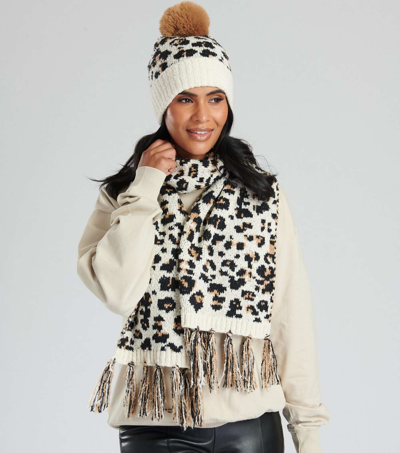 South Beach Brown Leopard Print Knit Hat and Scarf Set Image 3