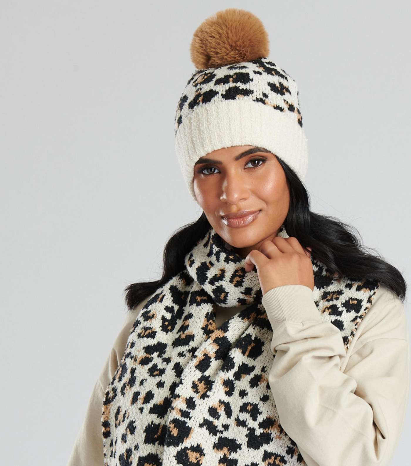 South Beach Brown Leopard Print Knit Hat and Scarf Set Image 5