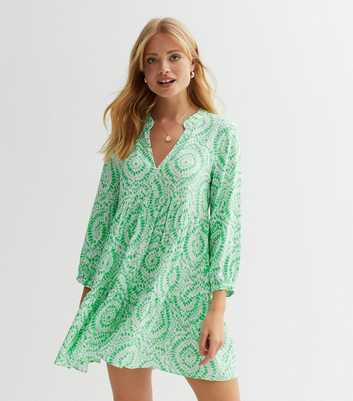 Green Abstract Long Sleeve Mini Dress