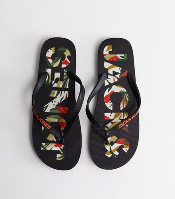 Jack Jones Black Palm Logo Flip Flops New Look