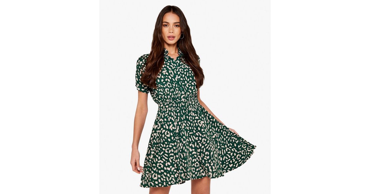 Apricot Green Leopard Print Shirred Mini Shirt Dress New Look