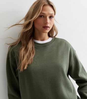 Khaki Jersey Crew Neck Sweatshirt New Look