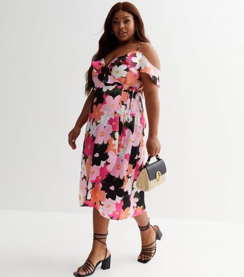 Curves Black Floral Cold Shoulder Wrap Midi Dress New Look