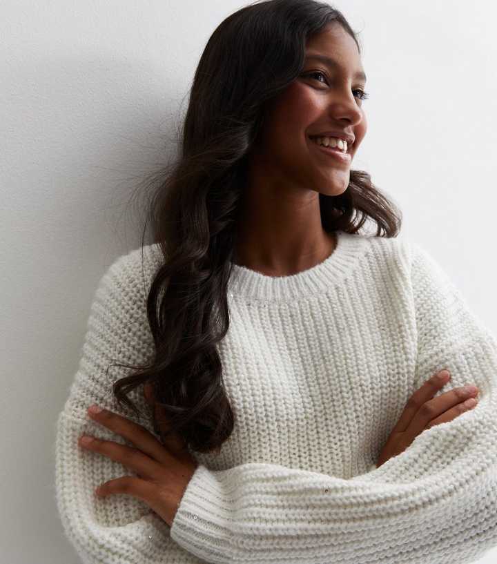 Girls Cream Stitch Knit Embellished Crew Neck Jumper 